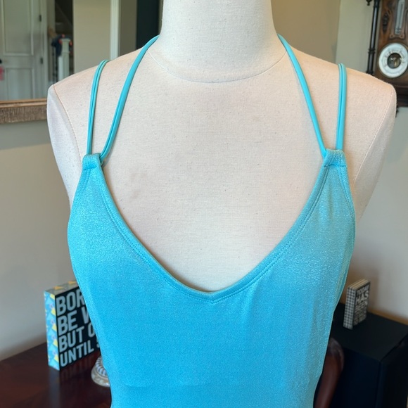 Sky Blue One Piece Criss Cross Back Swimsuit - Picture 4 of 7
